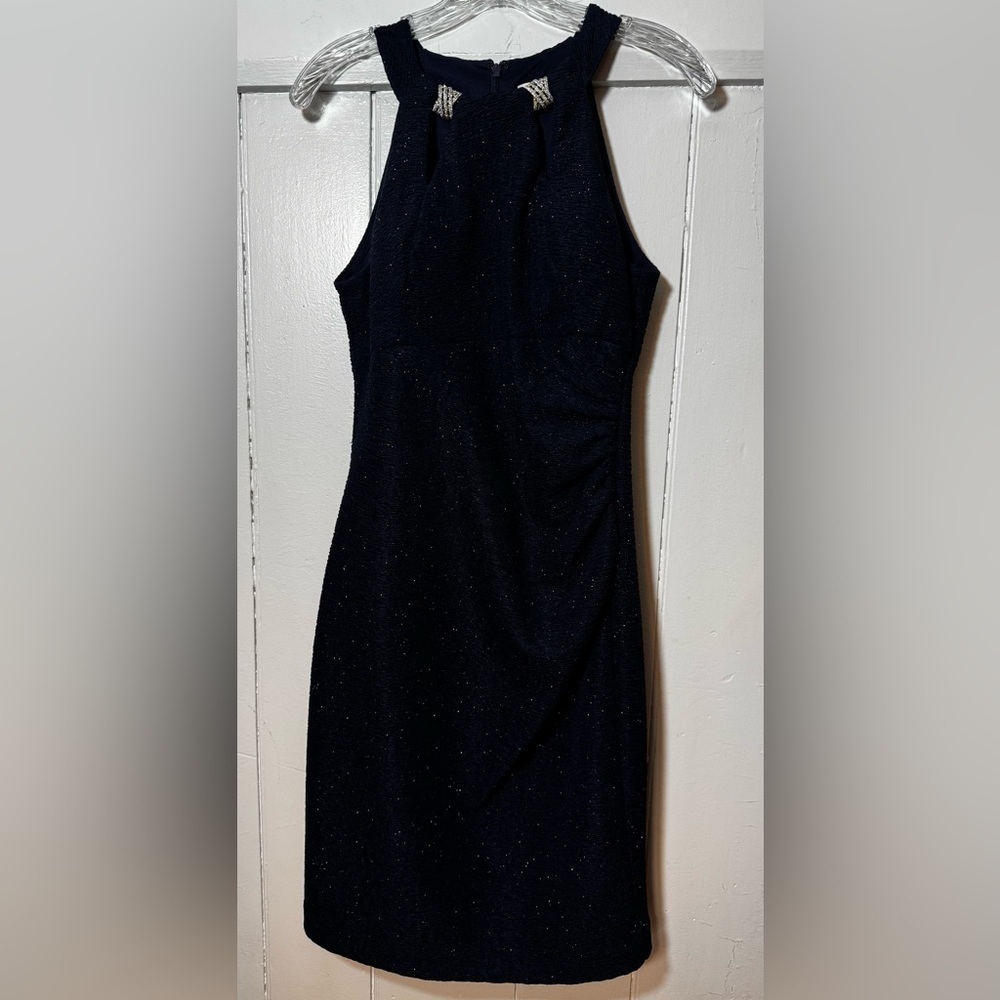 EUC Eliza J Navy Sparkle Dress with Halter Style Neckline and Rhinestone Accents - Picture 1 of 9
